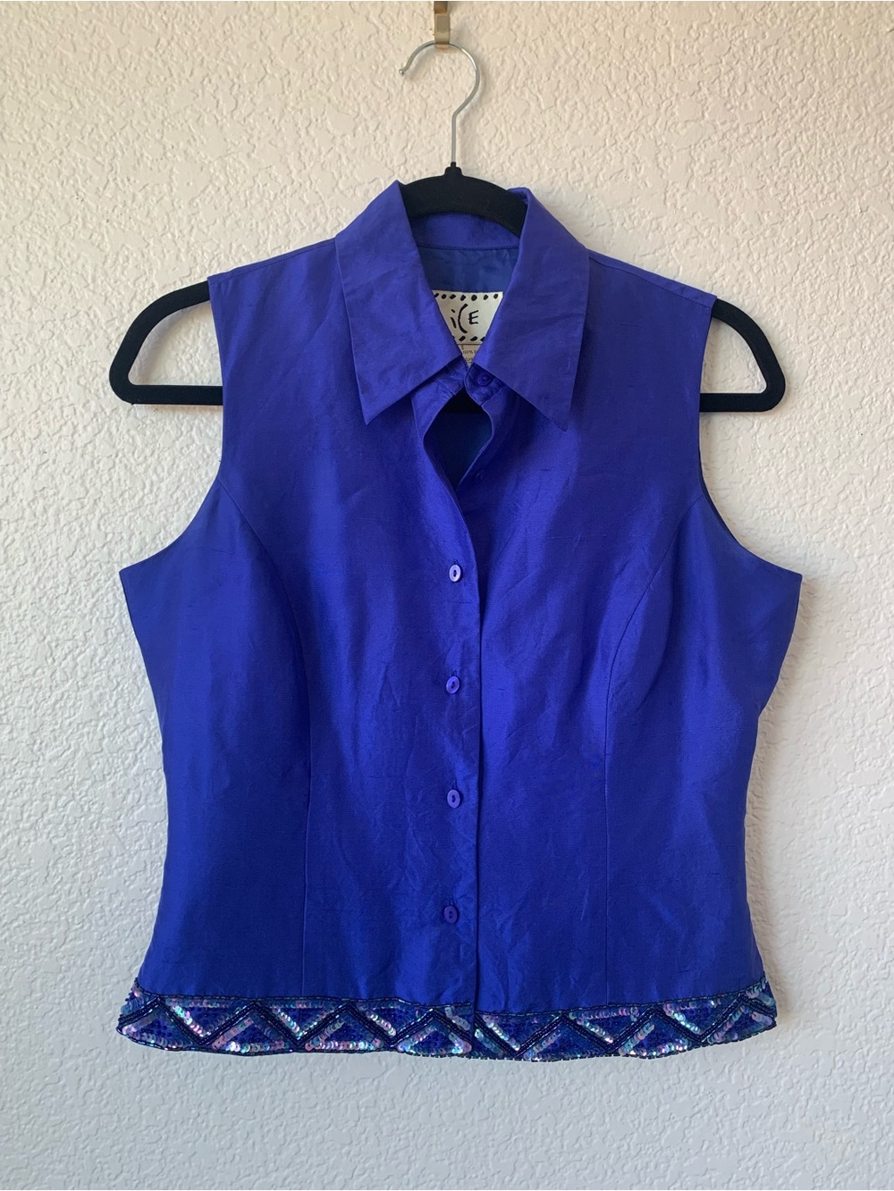 Ice Sleeveless Collared Blouse in Vibrant Blue with Beaded Hem